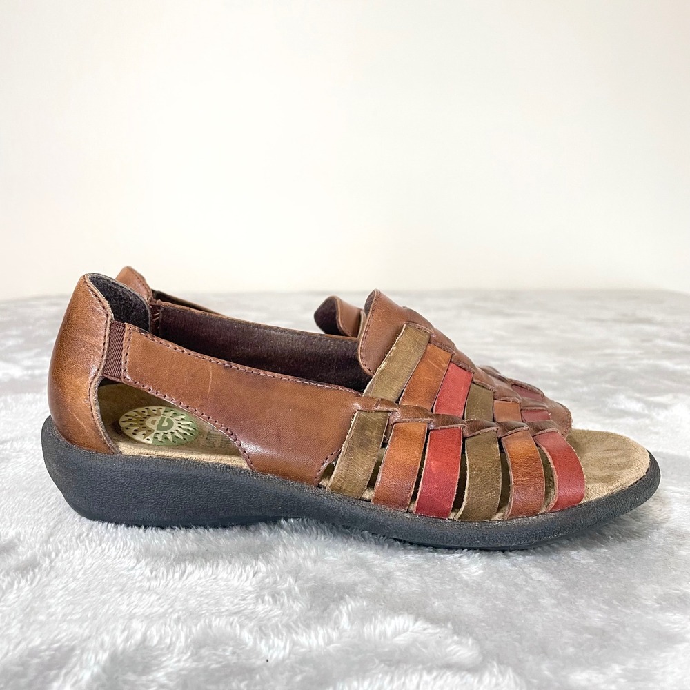 Earth Shoe Gelron 2000 Womens Sandals 7.5 Leather Boho Multi Color Woven Slip On
